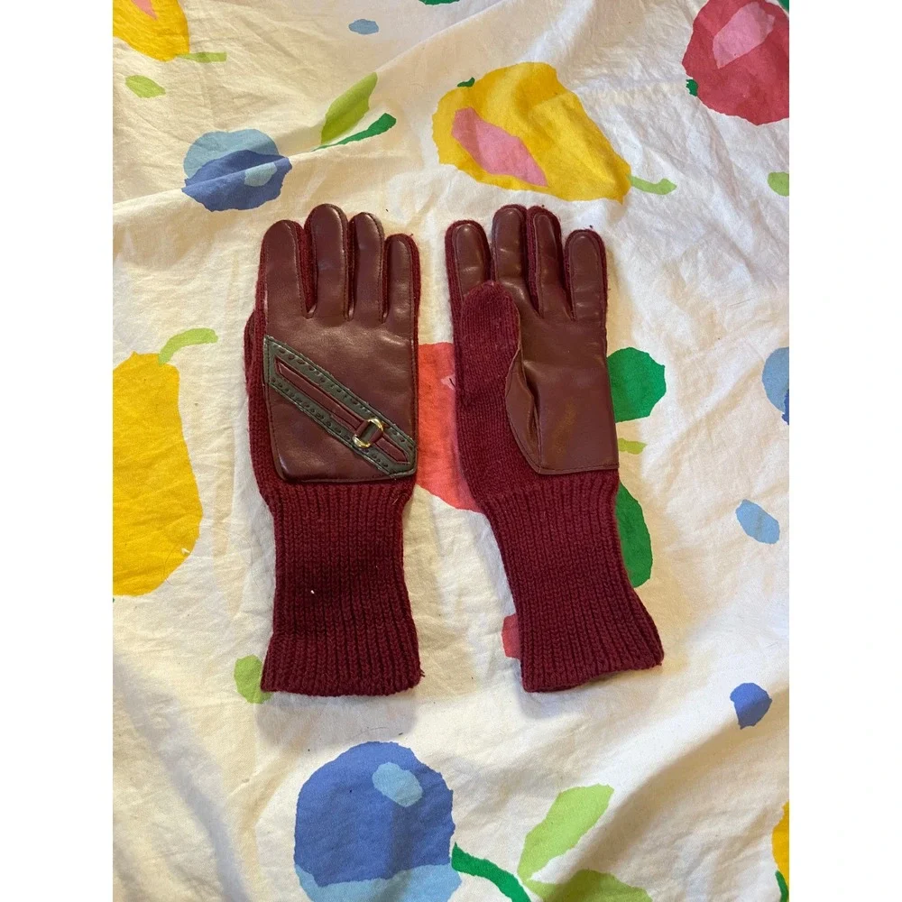Vintage‎ Womens Burgundy faux Leather Knit Gloves Cozy Winter Fashion Accessory